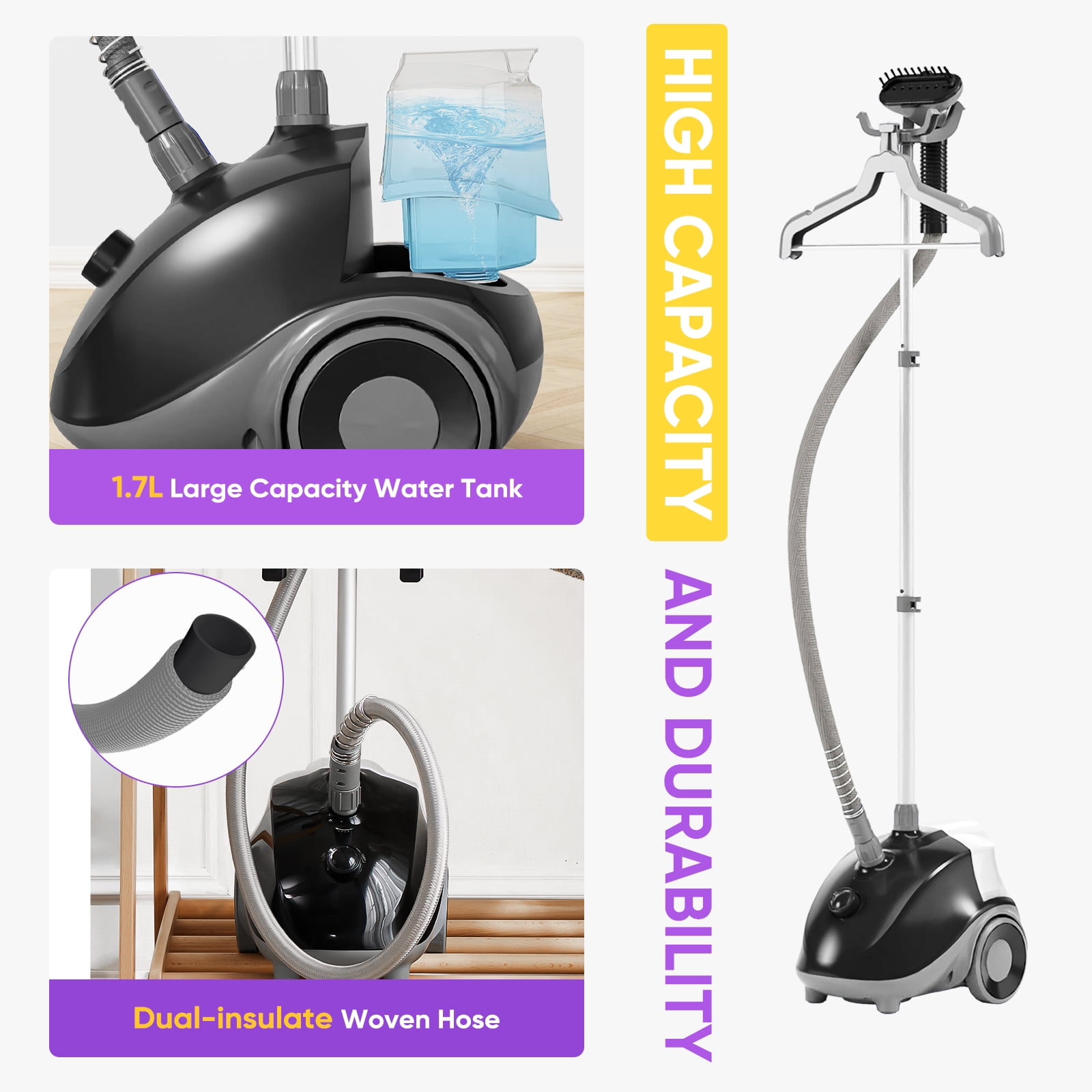 CONCETTA Vertical Steam Iron with Roller, 1.7 Liter Tank, 1 Hour of Continuous Steam, Adjustable Storage Lever, 4-Speed Control, Black