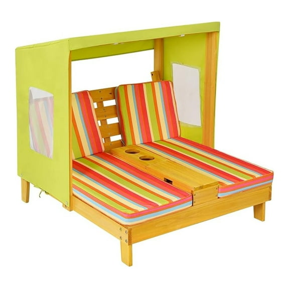 Kids Double Chaise Lounge Outdoor, 2-Seat Patio Lounge Chair with Cup Holders & Cushions, Kids Beach Chair with Canopy, Wood Patio Furniture for Children Boys Girls 3-8 Year Old