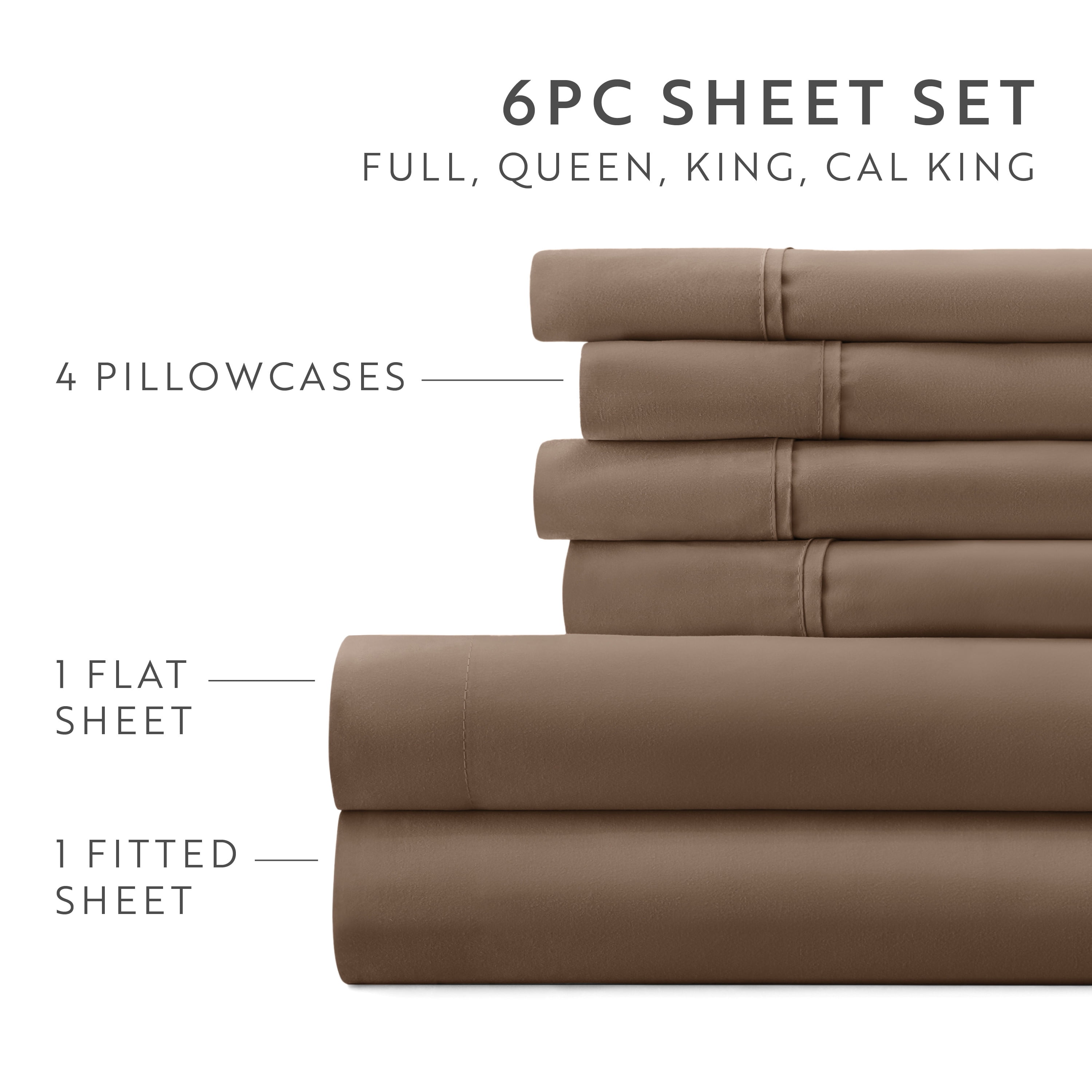 California King, Taupe Solid Microfiber 6 Piece Bed Sheet Set, by Noble Linens