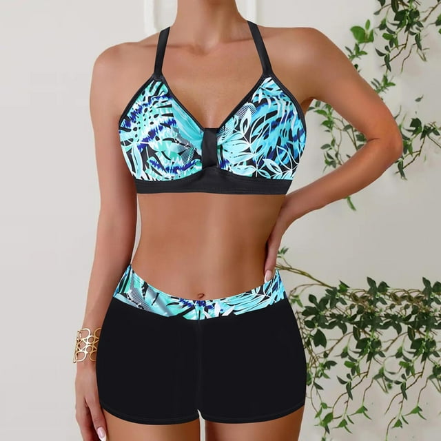 Cameland Women's Split Swimsuit Set Hanging Neck Halter Swimsuit + Boxer Briefs Swimsuit Set