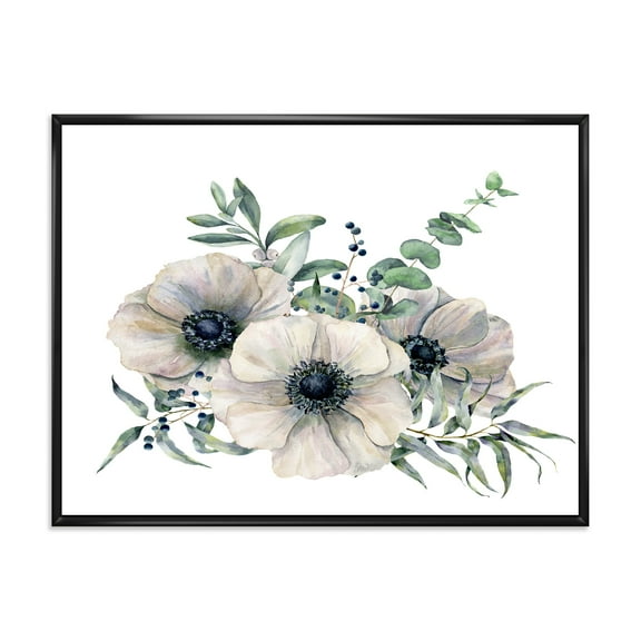 Designart 'Eucalyptus Leaves With White Anemone Bouquet' Traditional Framed Canvas Wall Art Print