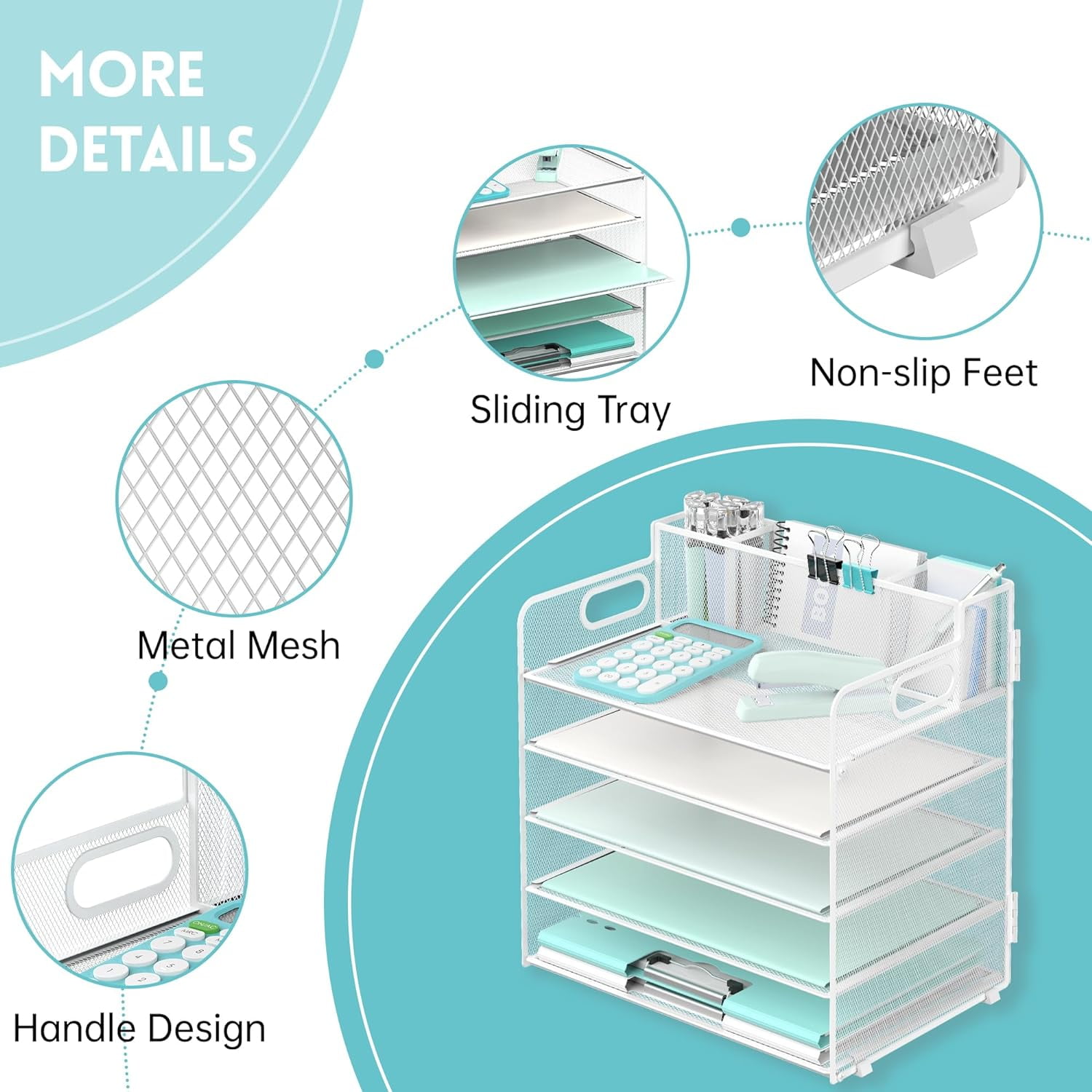INTIGE 5 Trays Paper Organizer with 3 Pencil Holders-Letter Tray Desk Organzier with Handle (White)