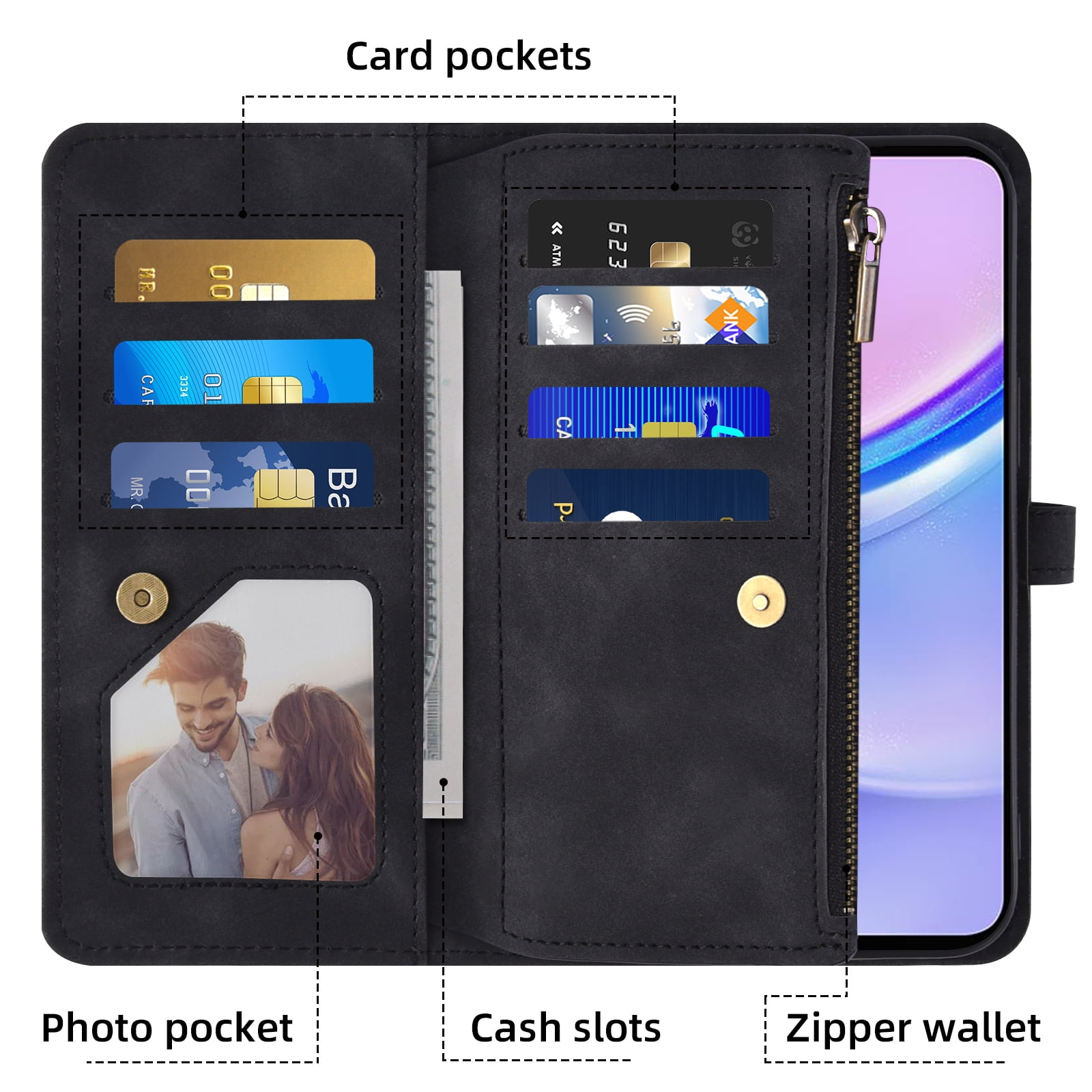 Asuwish Phone Case for Samsung Galaxy A15 5G/4G Wallet Cover With Tempered Glass Screen Protector Crossbody Wrist Strap Flip Pattern Zipper Credit Card Holder Stand Cell A 15 G5 15A Women Men Black