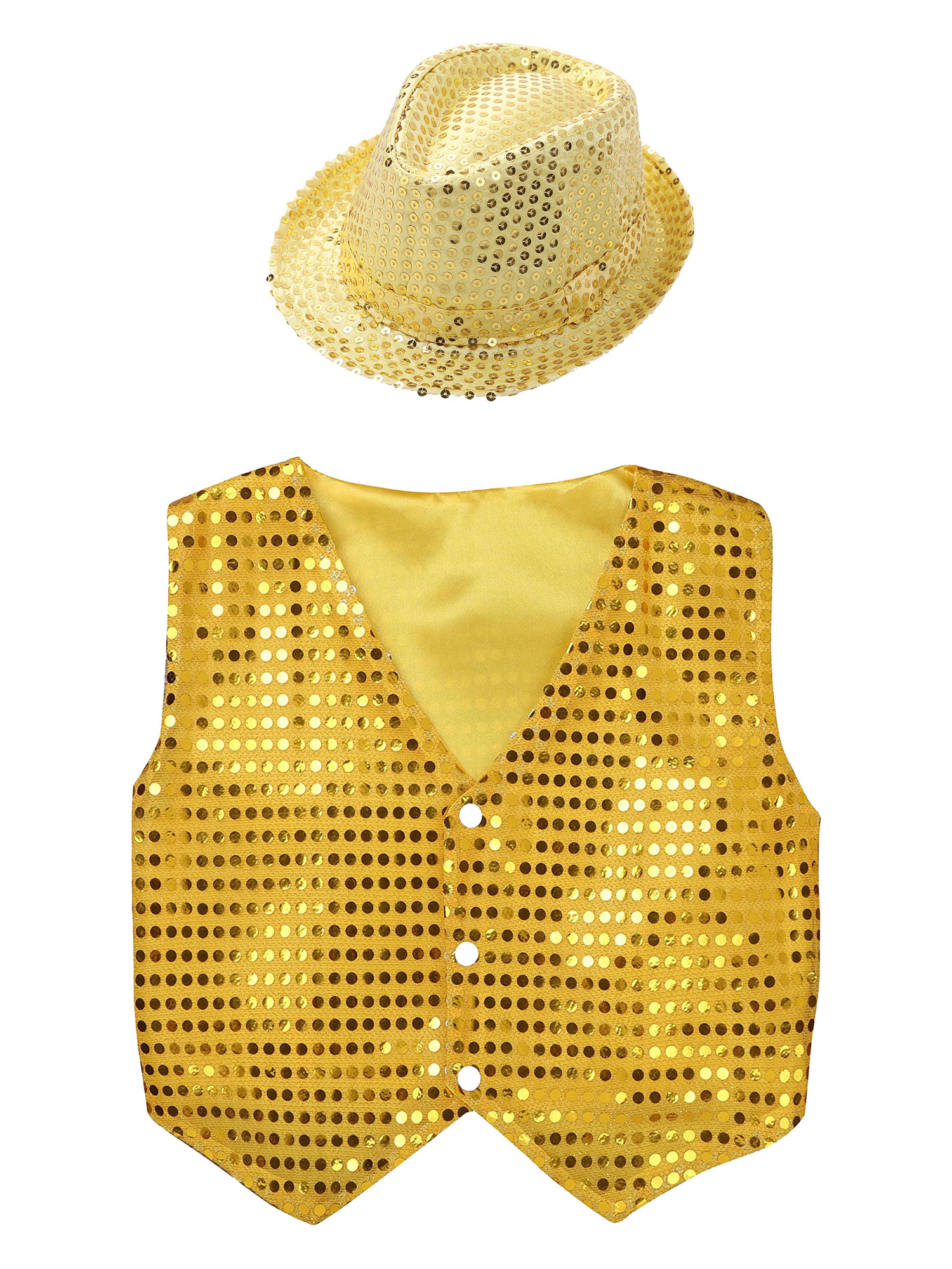 IEFIEL Kids Boys Sparkle Sequins Button Down Vest with Hat Dance Outfit Set Hip Hop Jazz Stage Performance Costume Gold 11-12 - image 3 of 7