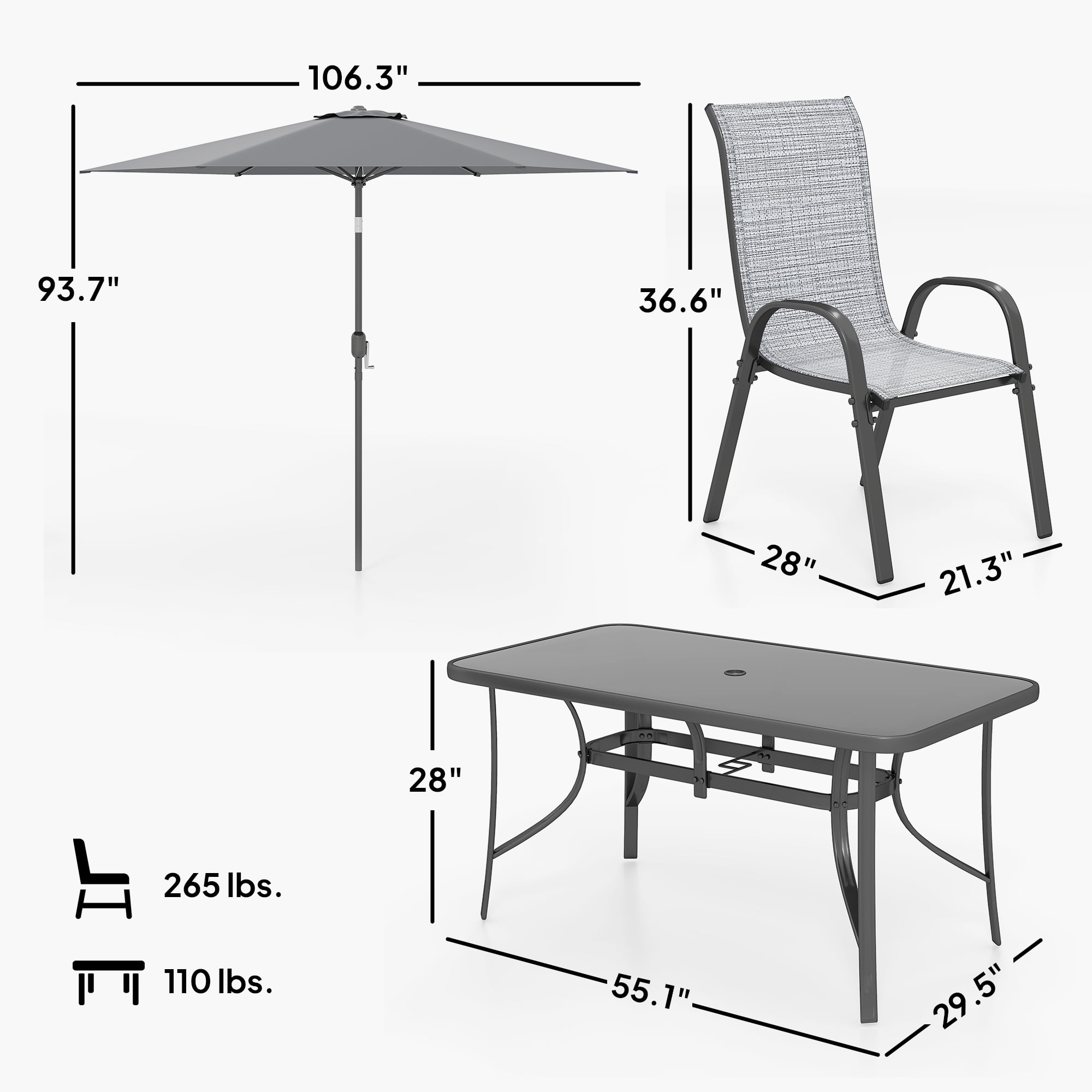 Outsunny 8 Piece Patio Furniture Set with Umbrella, Outdoor Dining Table and Chairs, 6 Chairs, Push Button Tilt and Crank Parasol, Glass Top, Gray