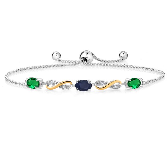Gem Stone King 1.39 Ct Green Nano Emerald Blue Sapphire 925 Silver and 10K Yellow Gold Lab Grown Diamond Adjustable Infinity Bracelet for Women Mother's Mom Wife Her