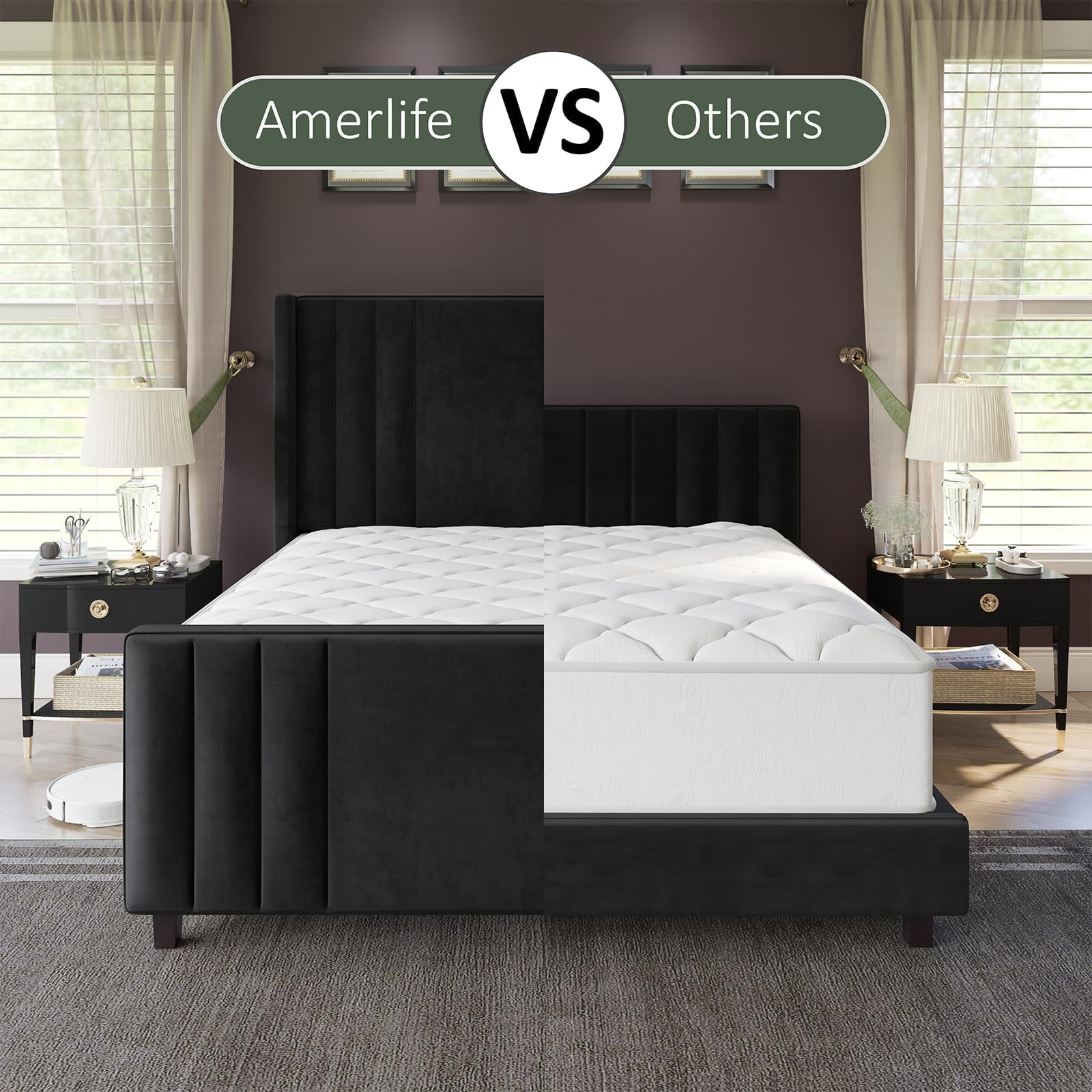 Amerlife Queen Size Bed Frame with Velvet Upholstery, Tufted Headboard and Footboard, Black