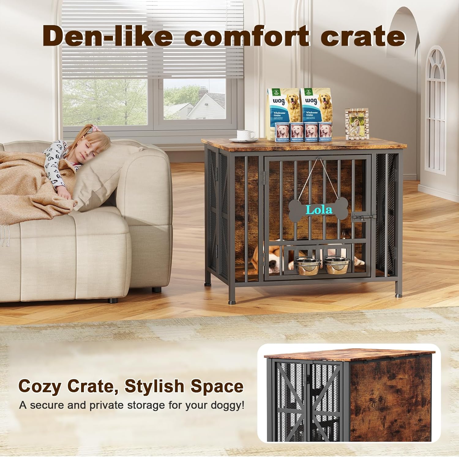 POAO 31.5" Assembly-Free Dog Crate Furniture for Small Dog, Foldable Dog Kennel Indoor with Tag & Adjustable Bowls, Dog Cage Use as End Table, Brown