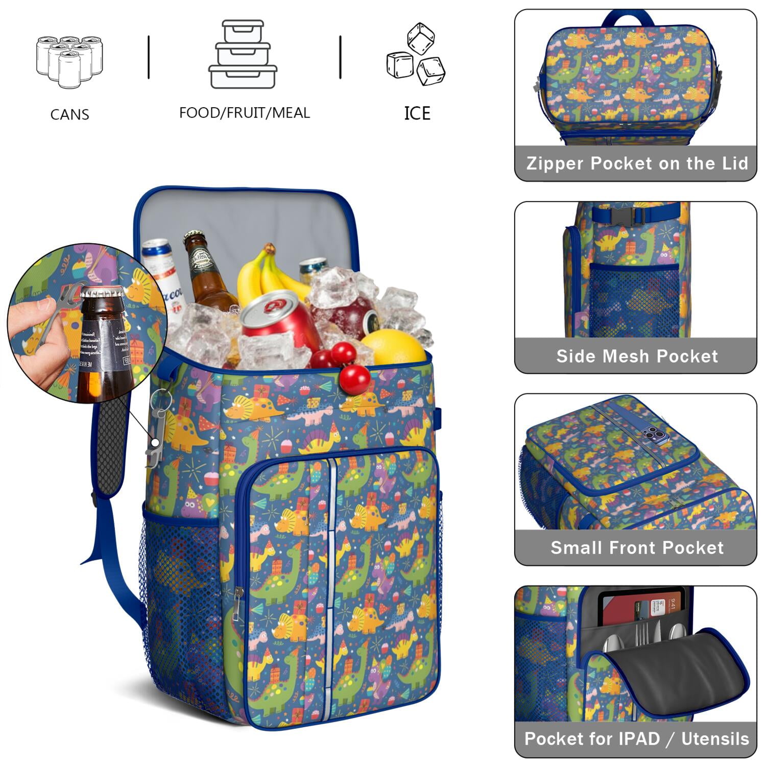 Travel Cooler Bag - Blue Cartoon Dinosaurs Party Pattern Camping Beer Cooler Backpack with Bottle Opener- Waterproof Insulated Picnic Backpacks - Cooler Bag for Beach