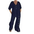thumbnail image 5 of Scyoekwg Two Piece Outfits for Women Summer Cotton Linen Short Sleeve V-Neck Button Tops Wide Leg Pants Casual Trendy Sweatsuits Sets Loose Solid Color Outfits (Navy,M), 5 of 8