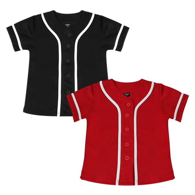 TOPTIE 2 Pack Kids Baseball Jersey Boy's Button Down Sport T Shirts Tops-black red-2T