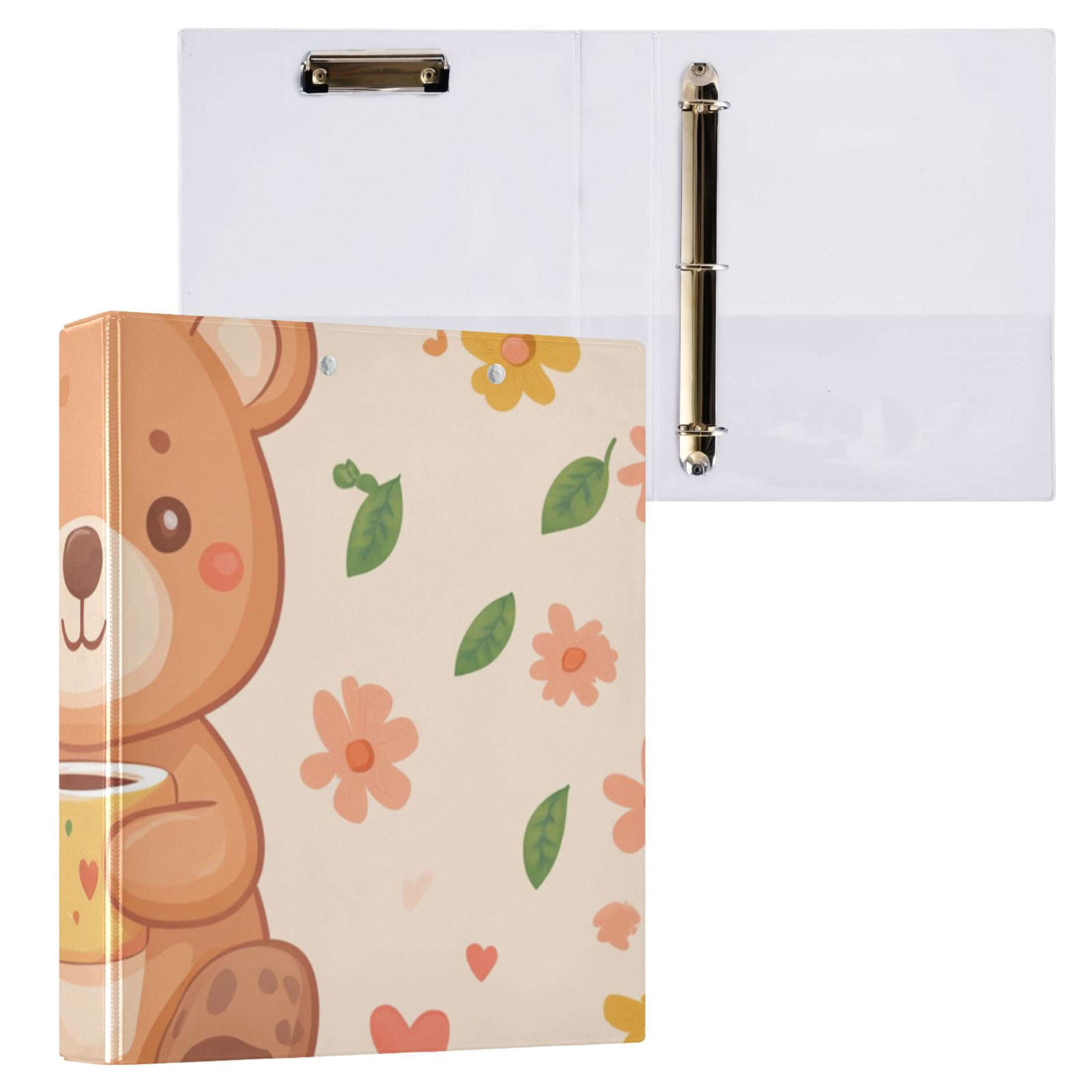 Flowers Bears 3 Ring Binders 1.5 inch Hardcover File Folders with Interior Pockets A4 Size Organizer for School Office Hospital