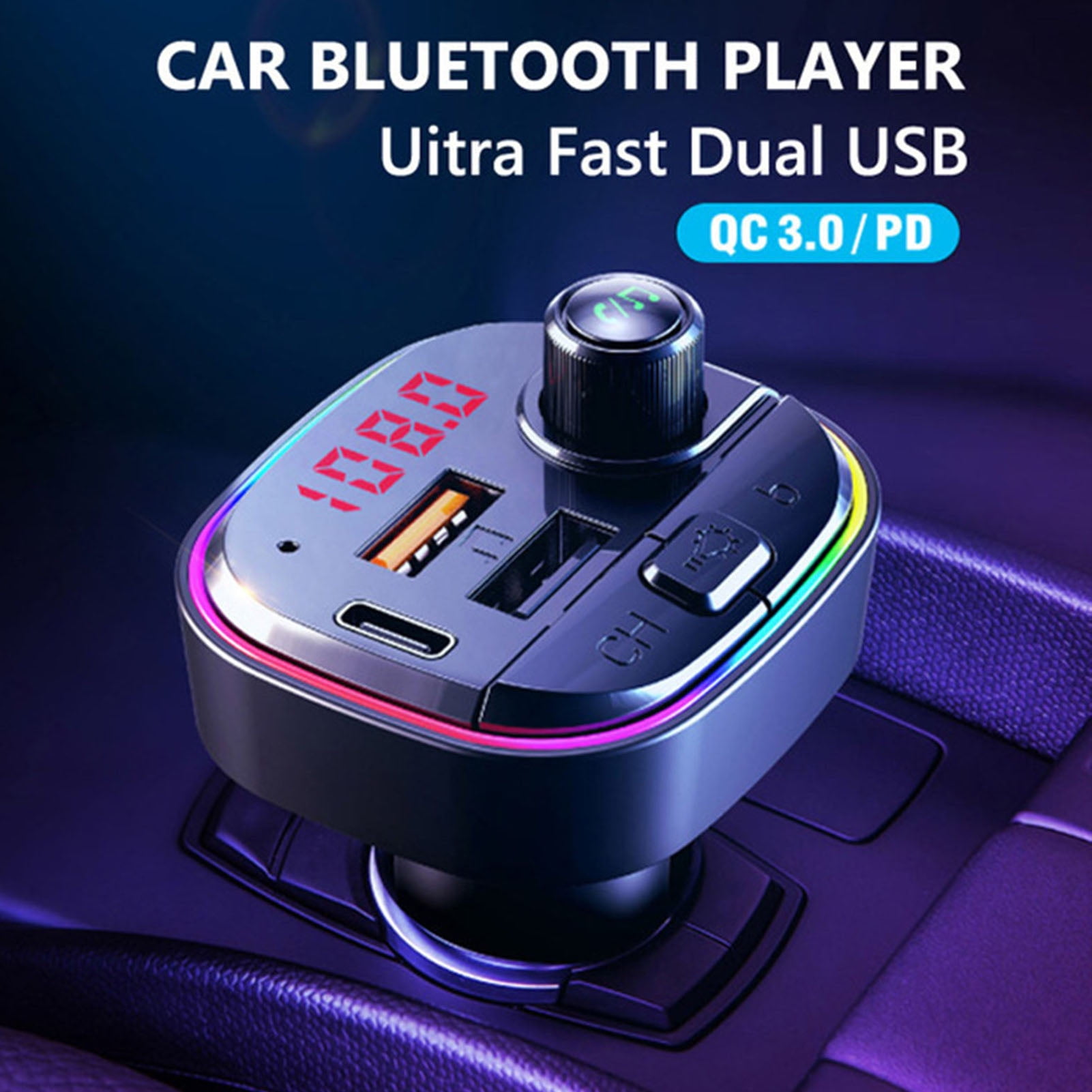 Bluetooth 5.0 FM Transmitter for Car,QC3.0&Type-C PD 18W Wireless Bluetooth  Car Adapter/ Car Kit/ Music Player with 7 Colors LED Backlit,3 USB Ports  Char-ger,Support U Disk 