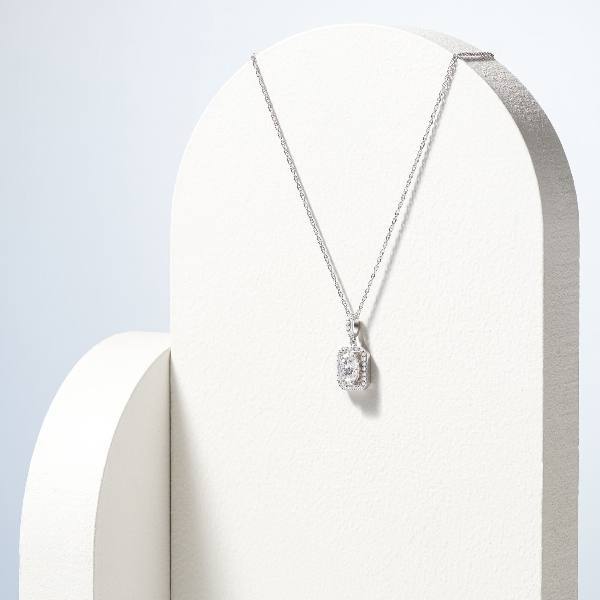 Forever Facets Moissanite Halo Pendant Necklace in Rhodium Plated Sterling Silver, Adult Female