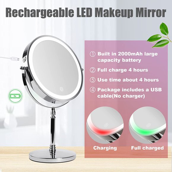 Lighted Magnifying Makeup Mirror 8" Rechargeable and 3 Color Dimmable, 1X/10X Magnification, LED Vanity Mirror with Lights for Desk, Bedroom, Bathroom, Brightness Adjustable