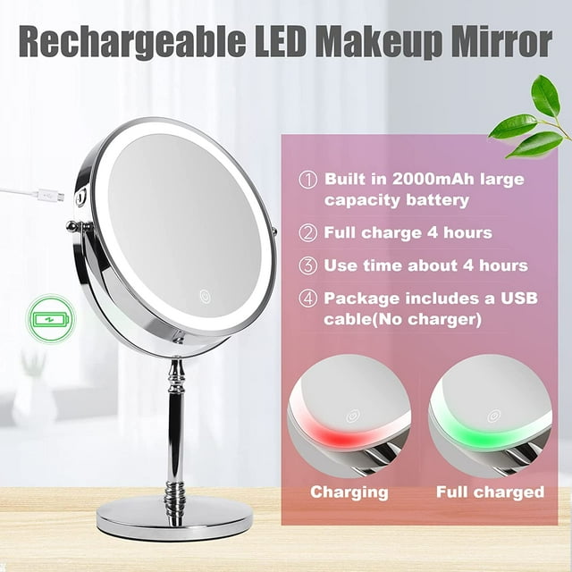 Lighted Magnifying Makeup Mirror 8" Rechargeable and 3 Color Dimmable, 1X/10X Magnification, LED Vanity Mirror with Lights for Desk, Bedroom, Bathroom, Brightness Adjustable