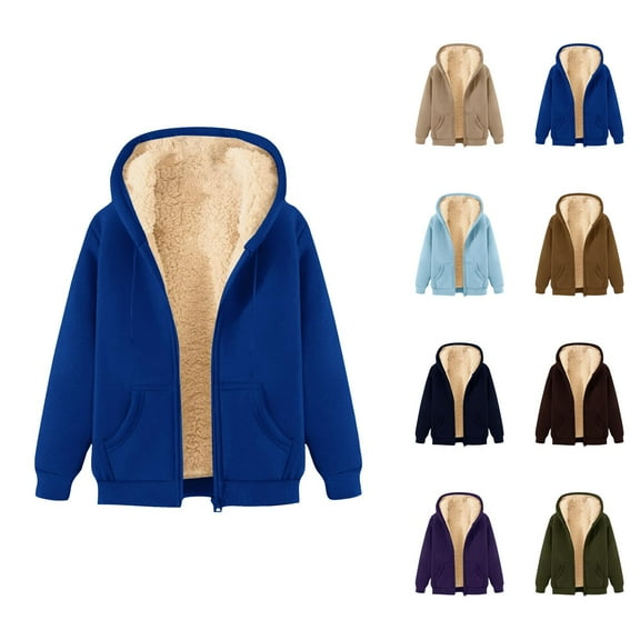 Basic Fleece Lined Hooded Jacket for Women 2025 Fall Winter Long Sleeve Plain Zip Up Hoodie with Pockets Outerwear