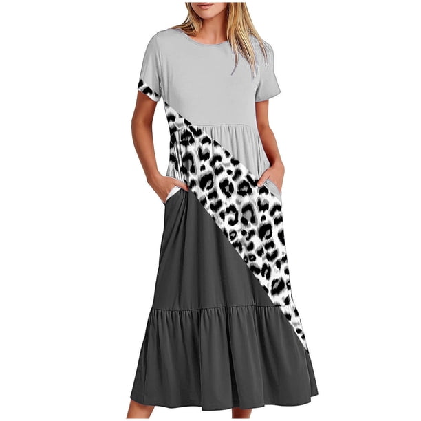 Puntoco Vestido De Mujer Con Cuello Redondo Y Manga Corta A Media Pantorrilla Con Dos Bolsillos Y Estampado Geométrico Vestido De Manga Corta Con Cuello Redondo Gris M,Regalos Para Mujer Joven