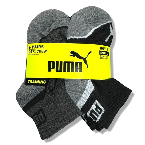 PUMA SOCKS BOYS X6 - QUARTER 253 - WAVE GREY DK - SMALL SZ SHOE 4-8.5 - 6 PACK