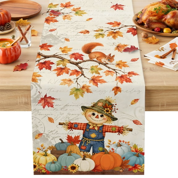 Boho Fall Scarecrows Cotton Linen Rectangle Table Runners 13"x36", Thanksgiving Autumn Pumpkins Maple Leaf Coffee Table Runner Dresser Scarves Table Runners for Wedding Party Banquet Dinner Decor