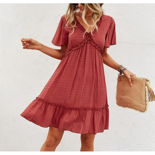 Mutural Summer Beach Dress Ladies Short Sleeve Solid Color Purfle Lace