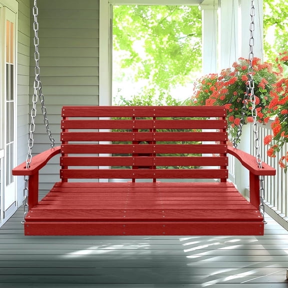 LOYALICE 2 Person Outdoor HDPE Hanging Porch Swing Bench Chair with Cup Holder, Red