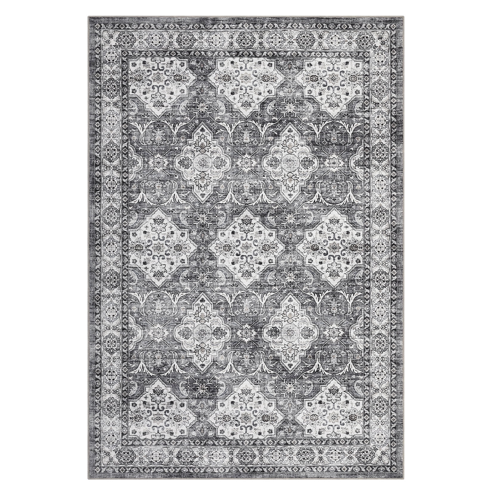 GlowSol 8' x 10' Vintage Floral Area Rug Washable Boho Rug Non-Shedding Stain Resistant Carpet for Dining Room Office, Gray
