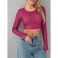 thumbnail image 5 of nvzhuang Women’s Full Sequin Cropped Tops Long Sleeve  Show Navel Glitter Sparkle Party Blouses, 5 of 8