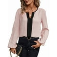 thumbnail image 2 of Womens Tops Dressy Casual V Neck Color Block Business Casual Blouses Long Sleeve Work Shirts Fall Trendy Clothes Pink M, 2 of 9