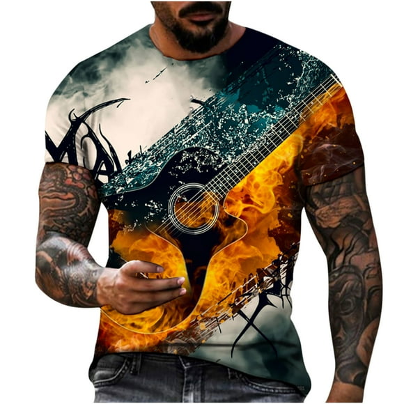 Meichang Mens Shirts Clearance Trendy 3D Guitar Print T Shirt Short Sleeve Graphic Tee Crewneck Sport Fitness Shirt Gym Workout Muscle Tees Tops Orange S