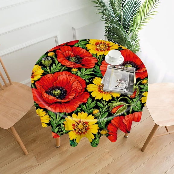 RKSupls 60 Inch Round Tablecloth, Poppy Daisy Pattern Premium Polyester Straight Edge Wrinkle Resistant Washable Table Cover for Party Home Dining Decor