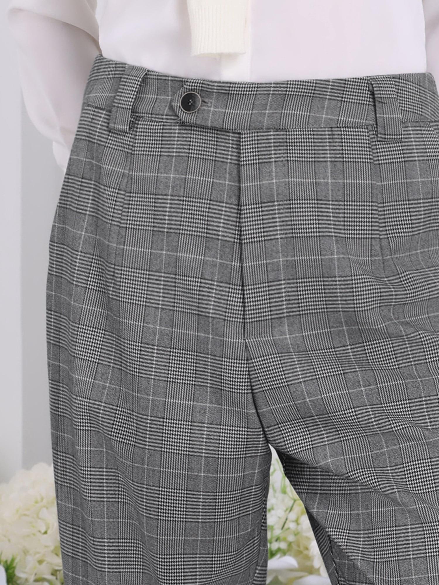 DARING DIVA Women's Plaid Houndstooth Tartan Long Trousers S Light Grey