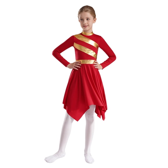 Xnihocha Kids Girls Liturgical Worship Dress Long Sleeve Praise Stripe Dance Dress Tunic Asymetrical Robe Red 14