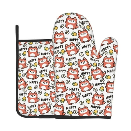 

Xecao Happy Foxy Faces Pattern Oven Mitts and Pot Holders Sets Heat Resistant Silicone Oven Mittens Extra Thicken Long Kitchen Cotton Oven Glove for Cooking
