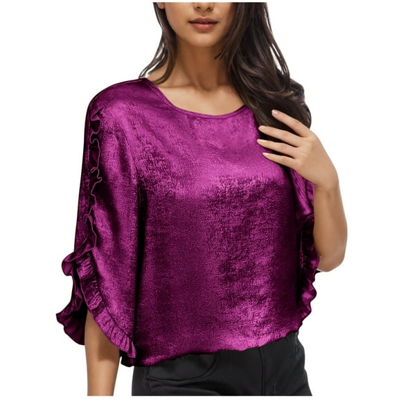 fatyb Shiny Tops for Women Ruffle 3/4 Sleeve Elegant Shirts Casual Crewneck Womens Club Party Blouses