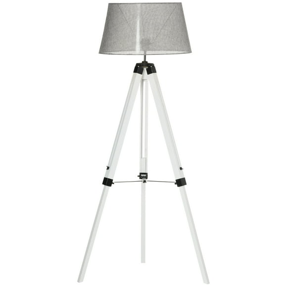 HOMCOM Tripod Floor Lamp, Adjustable Height Wooden Standing Lamp with E26 Lamp Base for Living Room, Bedroom, White and Grey