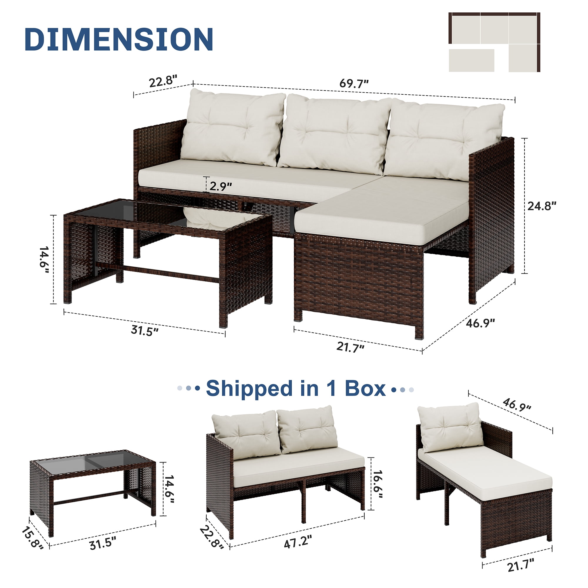 Walsunny 3 Pieces Patio Furniture Sectional Set, All-Weather Wicker Rattan Outdoor Furniture Set with Cushion and Glass Coffee Table, Patio Conversation Set for Garden, Backyard, Pool,Beige