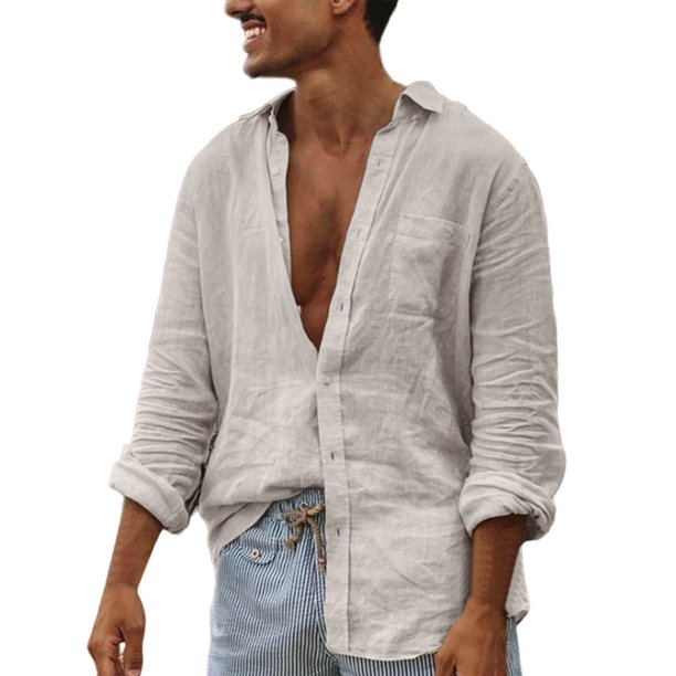 pstuiky camisa de manga larga para hombre, Camisa de lino con botones y solapa de manga larga para hombre tops de invierno para hombre xxxl