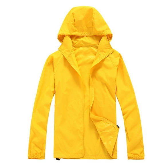 HANXIULIN Women Solid Rain Jacket Outdoor Plus Size Hooded Windproof Loose Coat Water Proof Raglan Storage Bag Yellow XS