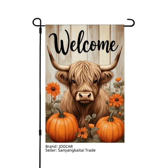 JOOCAR Highland Cow with Pumpkins Linen Garden Flag for Fall Autumn Home Outdoor Garden Yard Door Decor 12x18 inch
