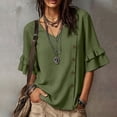 thumbnail image 2 of Ashirexll Short Sleeve Shirts for Women Summer Solid Color V-Neck Three Quarter Pleated Sleeve Button Down Slit Top T-Shirt, 2 of 7