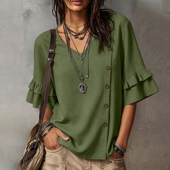 ClodeEU Women's V Neck Flared 3/4 Sleeve Blouse,Asymmetric Side Button Solid Color Casual Top Army Green,Women's Plus L
