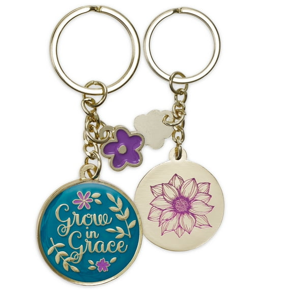 With Love Women's Keychain, Grow in Grace Teal w/Purple Flowers Charm Medallion Metal Design Inspirational Quote Key Ring Ladies Accessory for Her Luggage ID, Backpack/Bag Charm