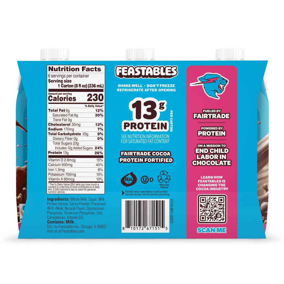Feastables Protein Fortified Chocolate Milk, Shelf-Stable, 8 fl oz, 6 Pack
