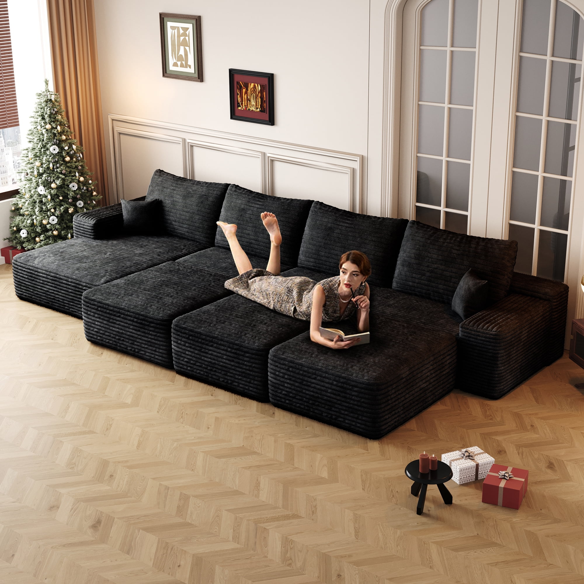 MAYEERTY 135" Black 6-Seat Modular Cloud Sofa - No Assembly, Spacious for Gatherings