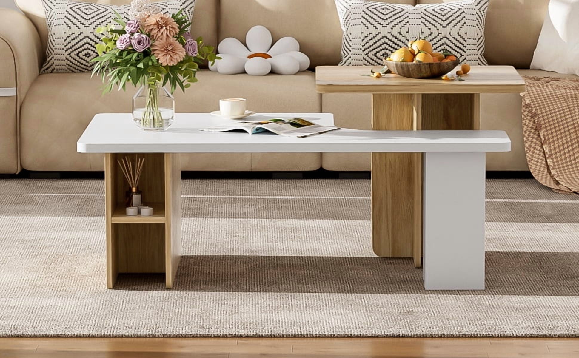Euroco 2-Piece Nesting Coffee Table Set for Living Room, Modern Round Coffee Tables with Wood Grain Veneer, Space-Saving Layered Design, Particle Board Construction