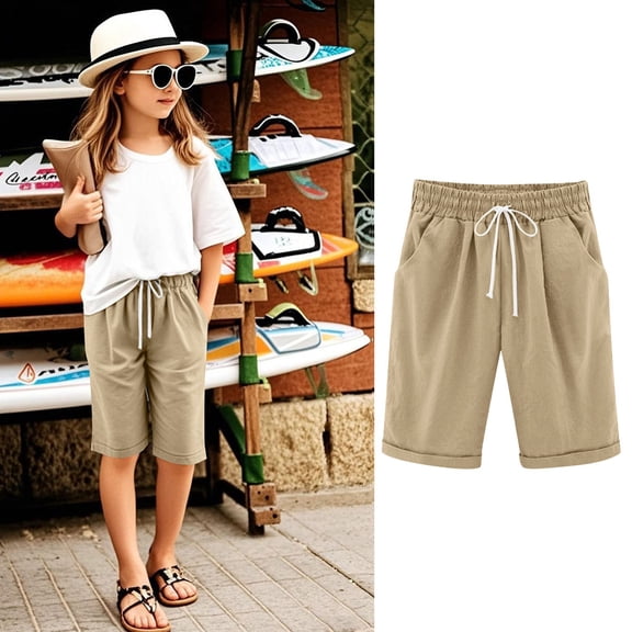 Girls Casual Bermuda Shorts Kids Knee Length High Waisted Summer Shorts Comfy Drawstring Short Pants with Pockets