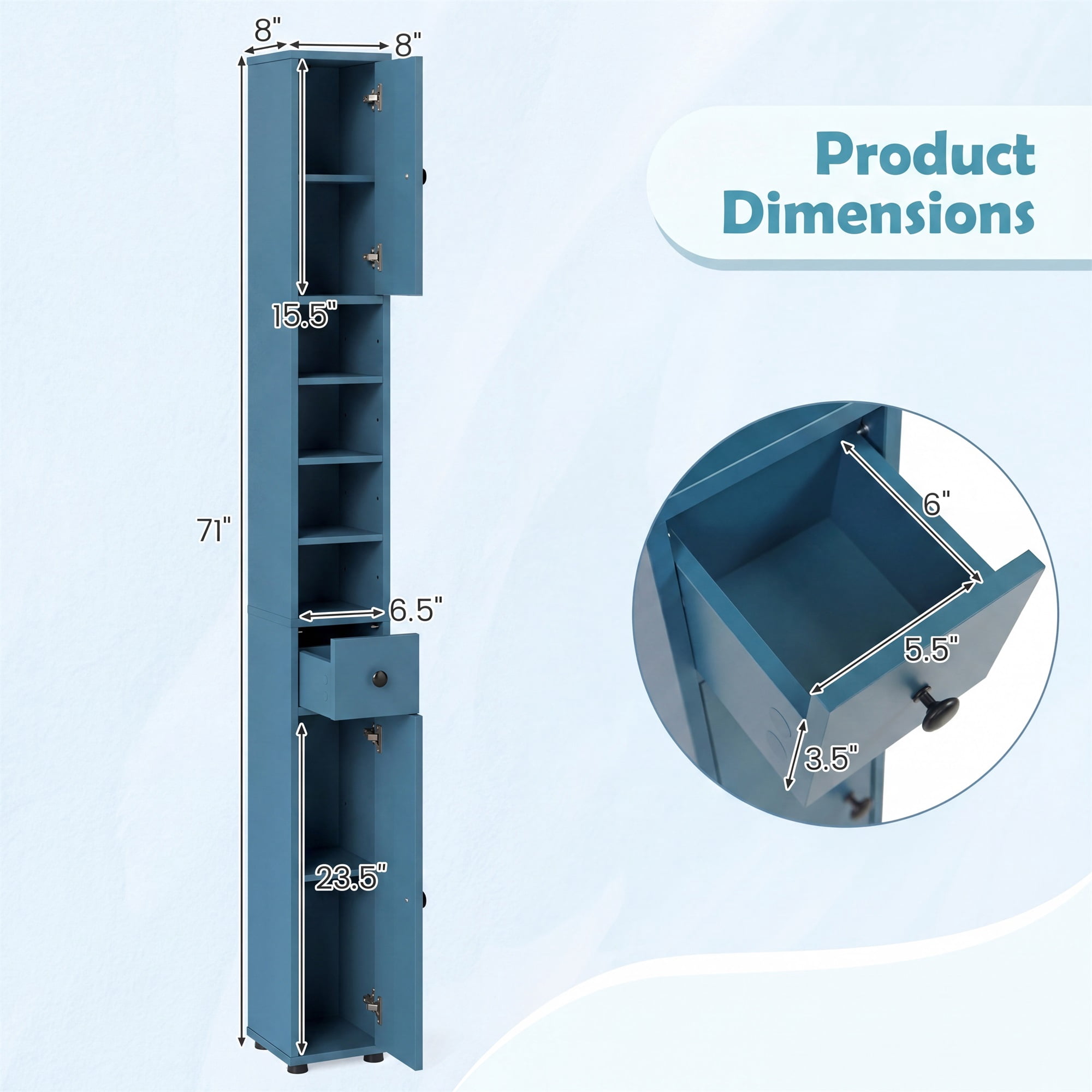 Costway Slim Bathroom Tall Cabinet with 2 Doors, 1 Drawer & 5 Adjustable Shelves for Home Blue