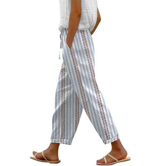 Summer Pants for Women, Audhol Women's Floral Cropped Linen Pants Summer Elastic Waist Straight Leg Casual Beach Trousers with Pockets Beach Pants for Women Brown L