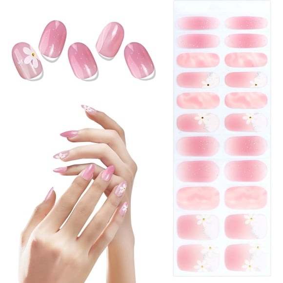 Gel Nail Stickers 22 Pcs Cute Flower Pink Gel Nail Wraps No Needed Any UV Light Easy to Apply Long Lasting